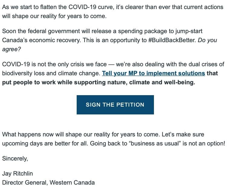 In this screenshot, The David Suzuki Foundation promoted its marketing campaign via email.