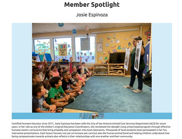a Member Spotlight of Josie Espinoza, a woman holding pictures of animals in front of a group of young children in a classroom. She is being celebrated for educating children about animal welfare.