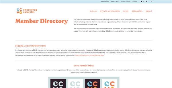 A member directory page with encouragements to become a member, along with a partial image of four separate member badges. They all say CCVO and have different color schemes with the branded white, purple, pale blue, orange, and yellow.