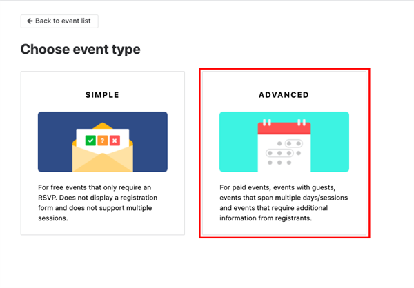 Event registration form - Choose advanced event