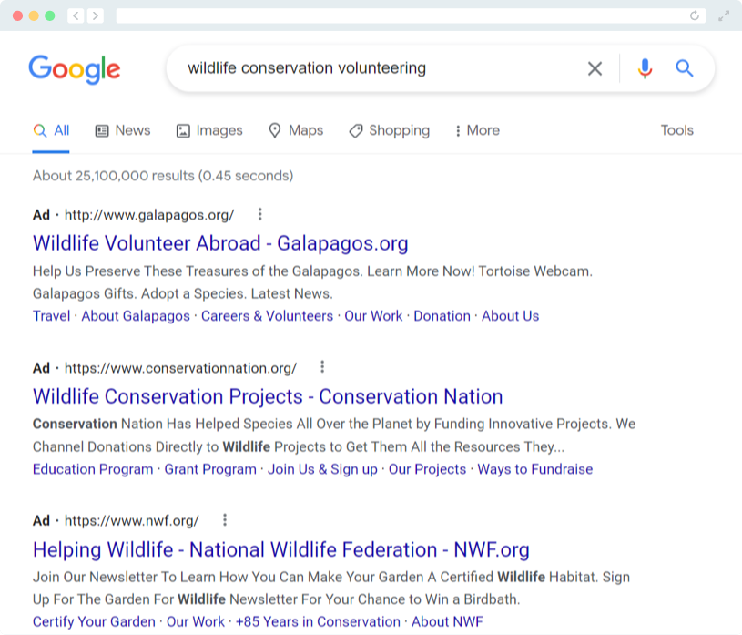 This screenshot shows how wildlife conservation organizations leverage Google Ads in their nonprofit marketing plans.