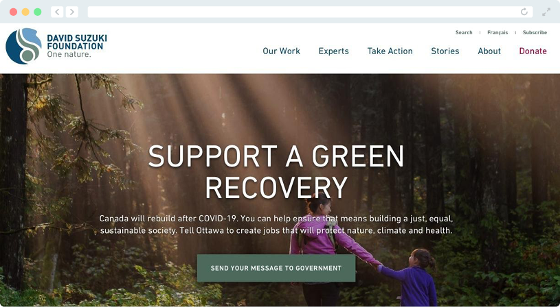The David Suzuki Foundation made sure its nonprofit marketing campaign was on the website’s homepage.