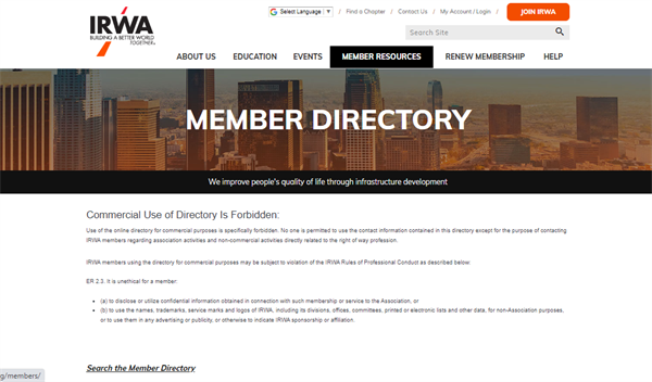 The member directory page has an image of a cityscape. It says "Commercial Us of Directory is Forbidden" with legal details and warnings. Below that is a link to search the directory.