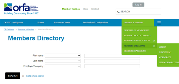 A Members Directory page with search bars for first name, last name, and employer/company. On the top right, the bright green menu is extended to show how to find the member directory page.