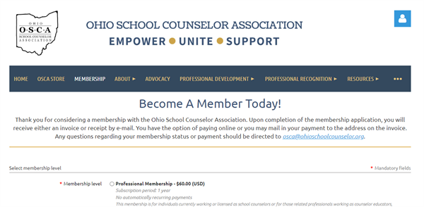 image of the Ohio School Counselor Association's membership page
