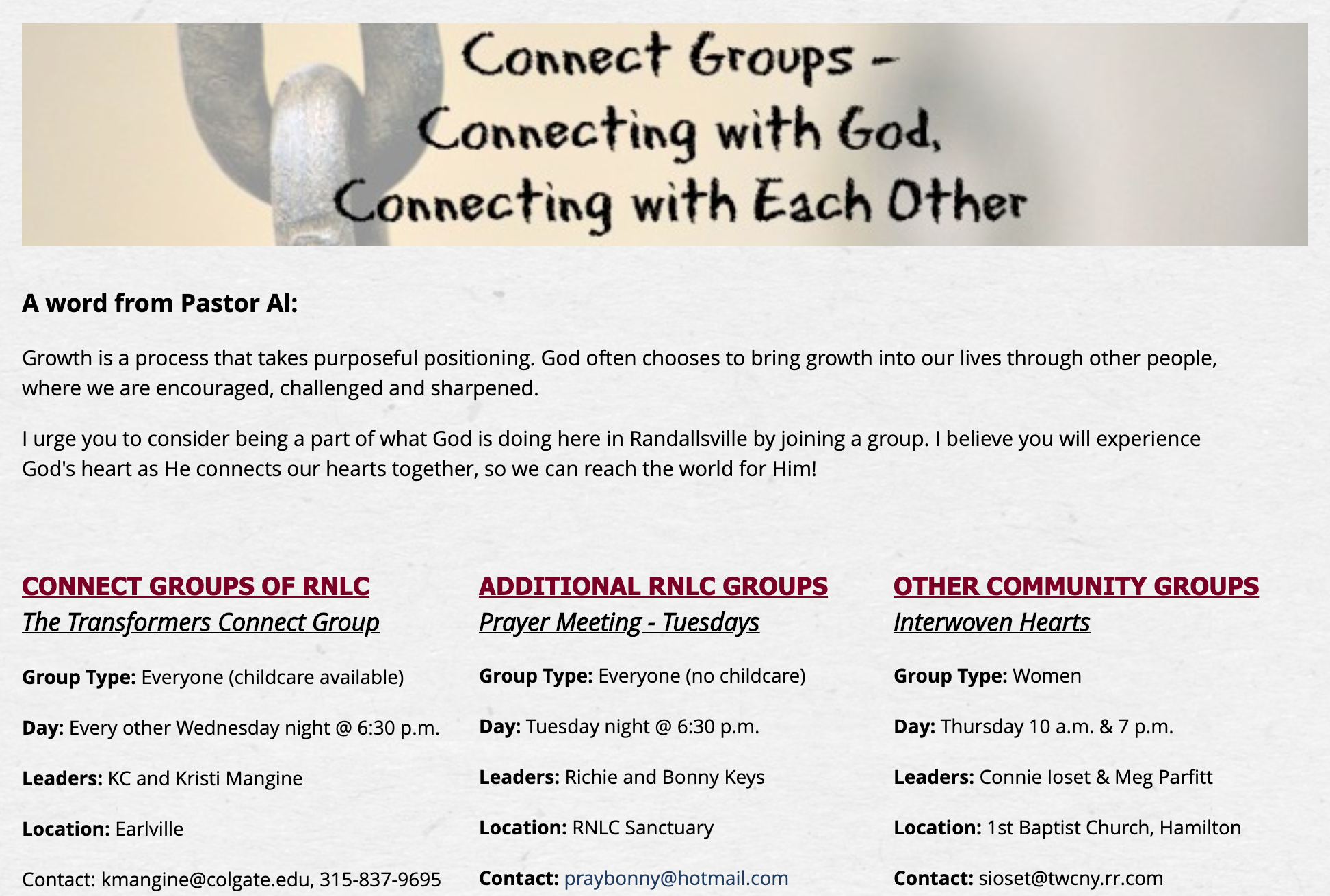 Randallsville New Life Church connect groups 
