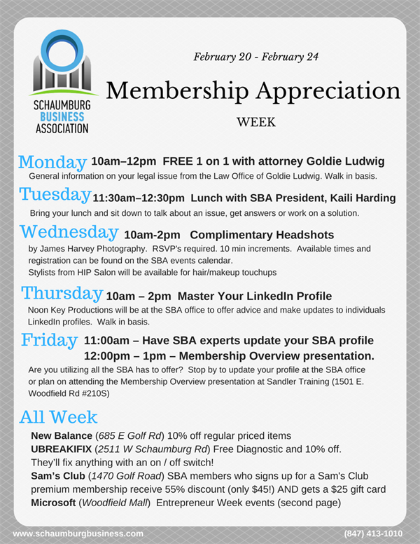 A weekly schedule listing out member appreciation events by the day along with which deals are going all week.