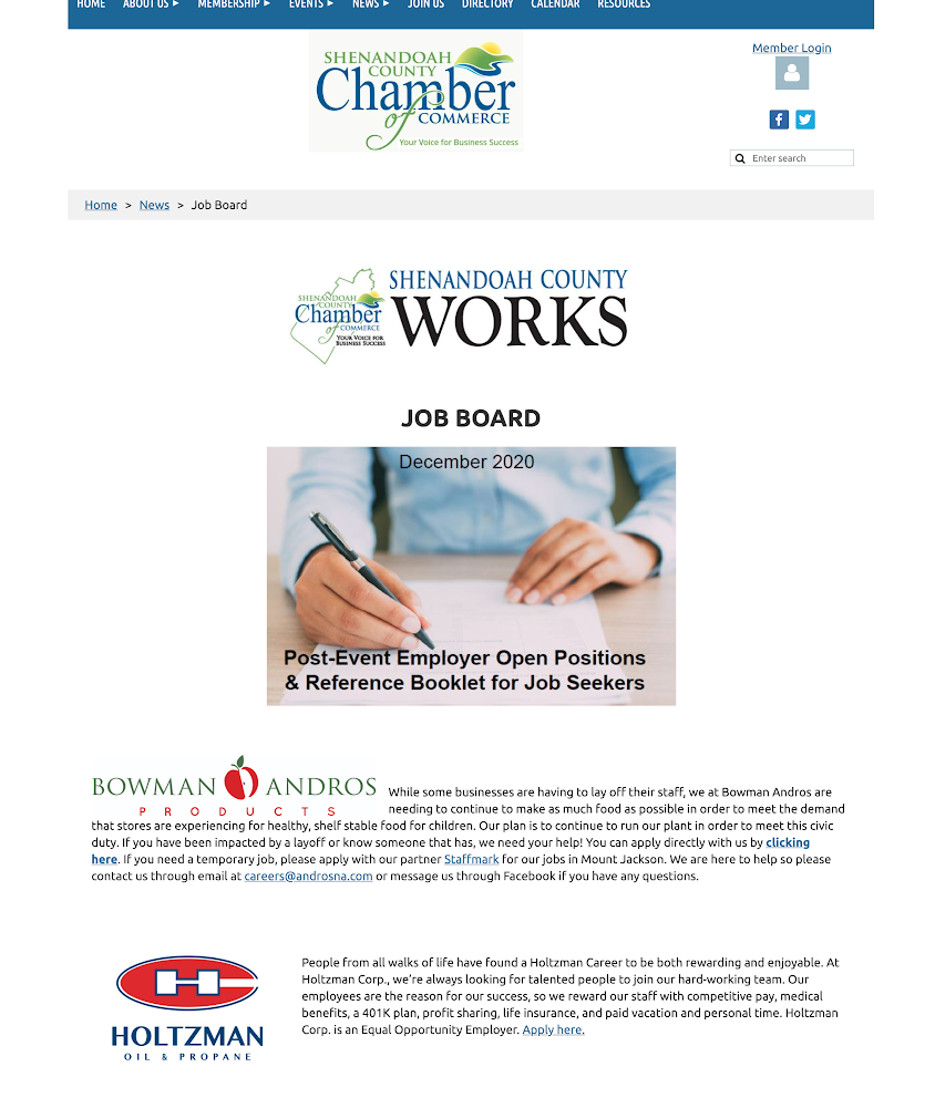 The Shenandoah County Chamber of Commerce job board