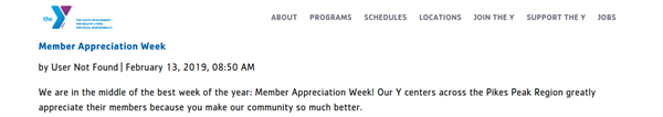 The YMCA's header noting it is member appreciation week.